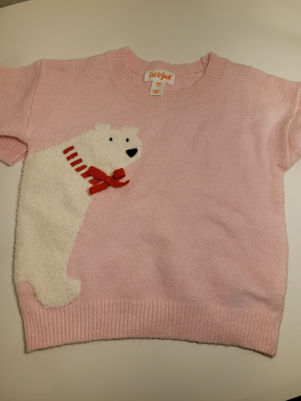 Cat & Jack Pink Polar Bear Knit Top with Red Bow
